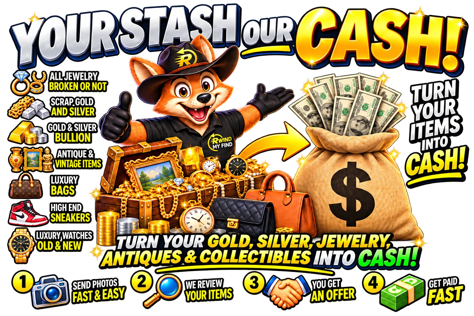 Your stash, our cash - turn gold, silver, jewelry, antiques and collectibles into cash
